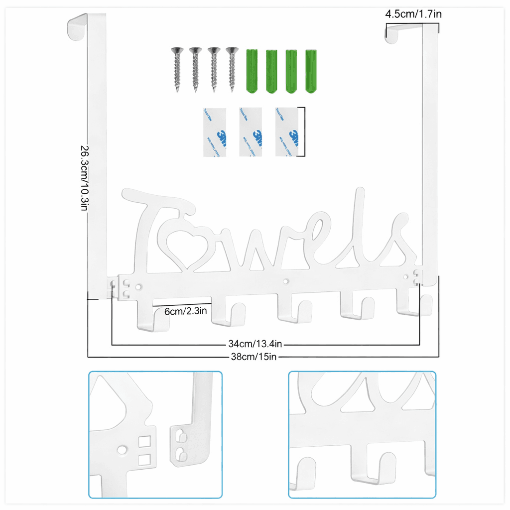 Over Door Towel Rack Metal 5 Hooks White Bathroom Organizer Hanger - Thumbnail 6