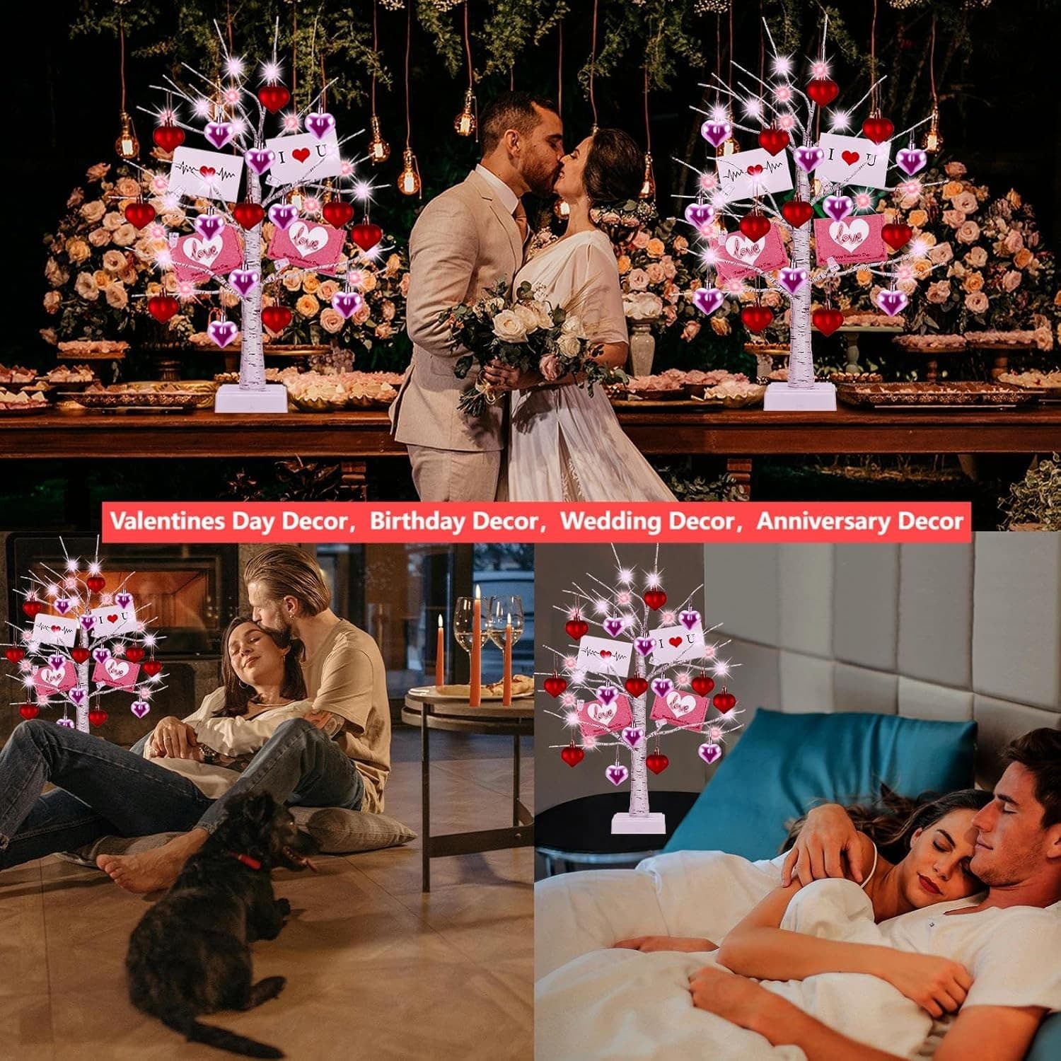 2 LED Lighted Birch Trees with Hearts & Cards,Valentine, Mother’s Day Decor Gift - Thumbnail 4