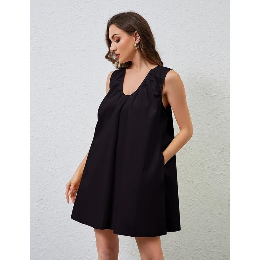 Womens Black Babydoll Mini Dress Sleeveless Cotton Flowy Casual Summer Size S - Thumbnail 2