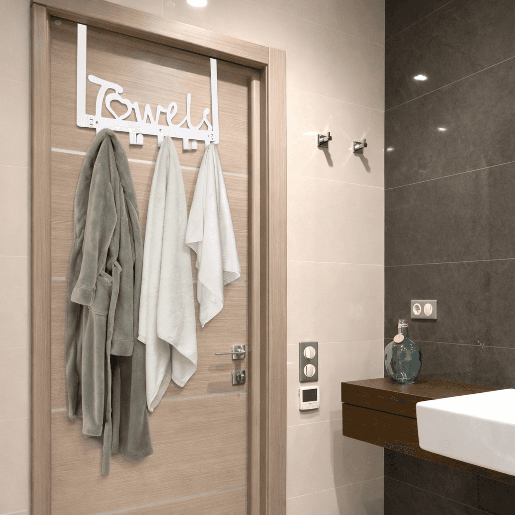 Over Door Towel Rack Metal 5 Hooks White Bathroom Organizer Hanger - Thumbnail 7