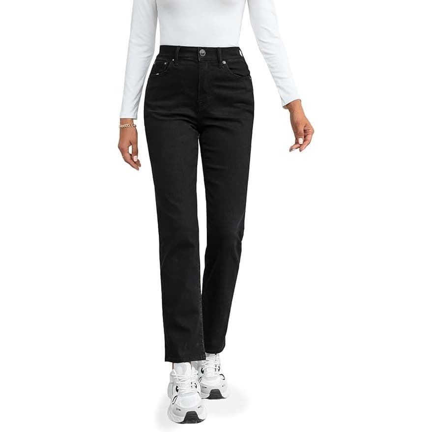 Womens High Waisted Straight Leg Mom Jeans Black Size 12 Stretch Denim - Thumbnail 4