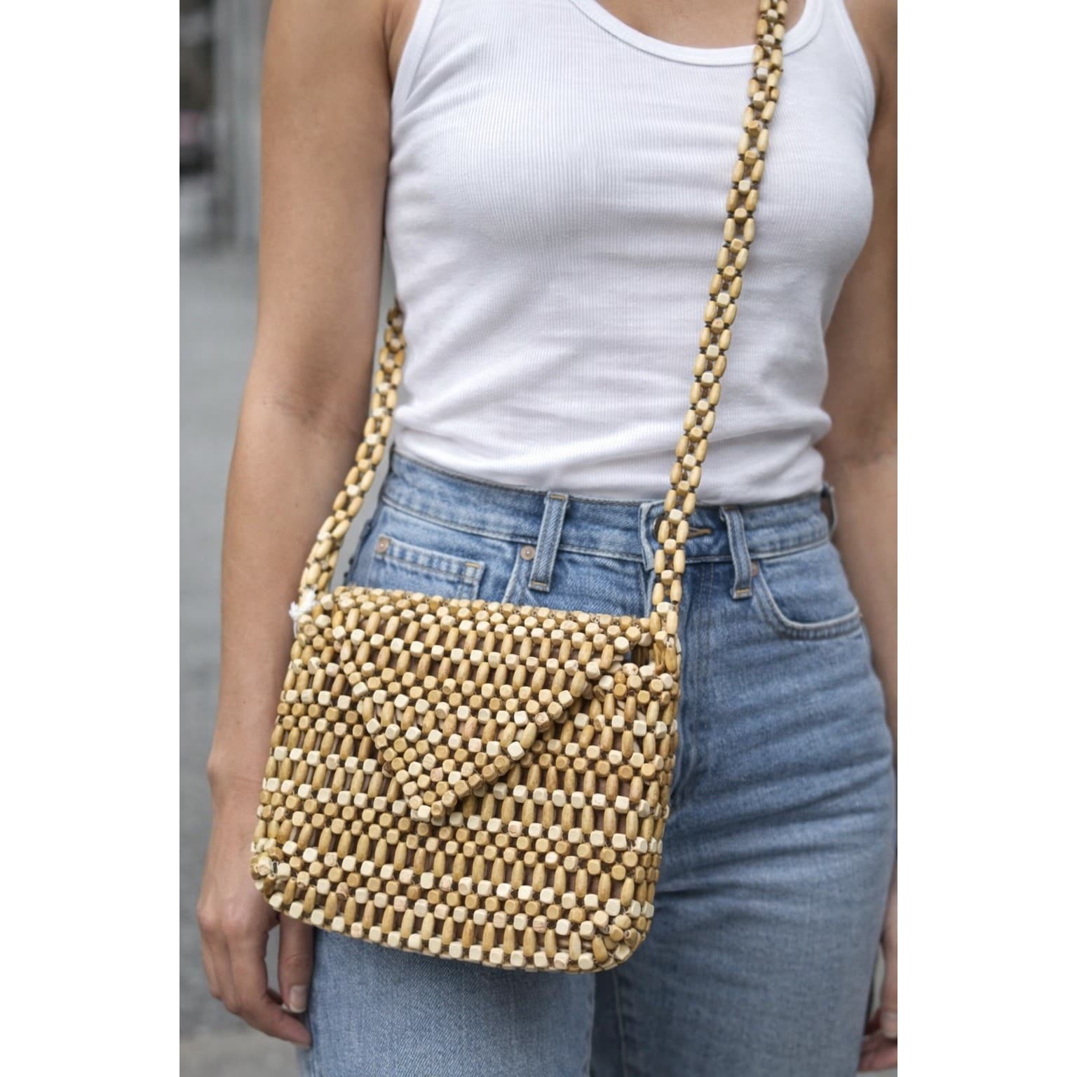 Universal Thread Wood Beaded Clutch Crossbody Purse Boho Woven Handbag - Thumbnail 2