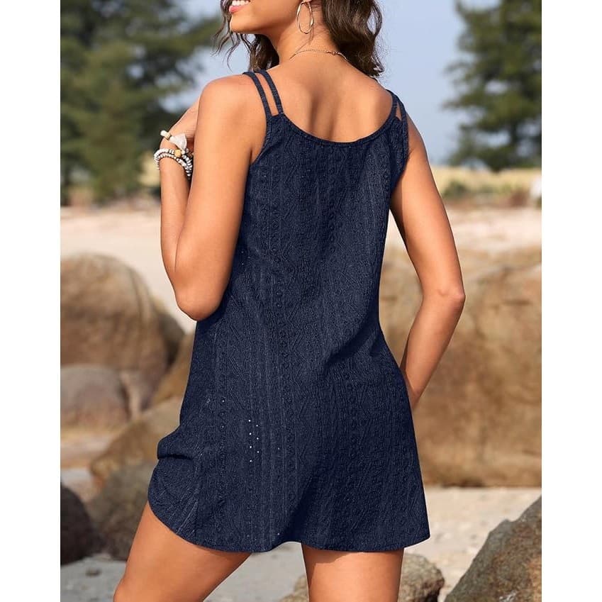Womens Swimsuit Cover Up Dress Crochet Twist Beach Mini Navy XL - Thumbnail 2
