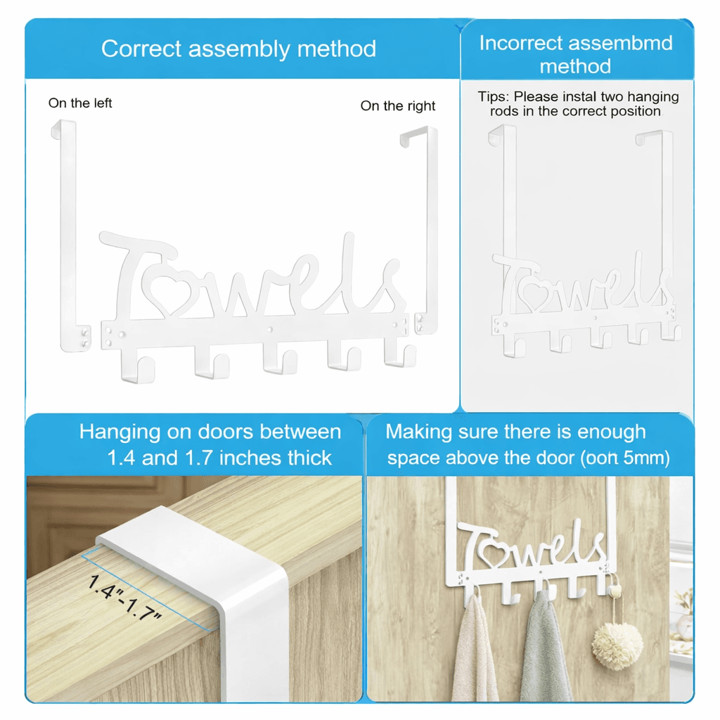 Over Door Towel Rack Metal 5 Hooks White Bathroom Organizer Hanger - Thumbnail 5