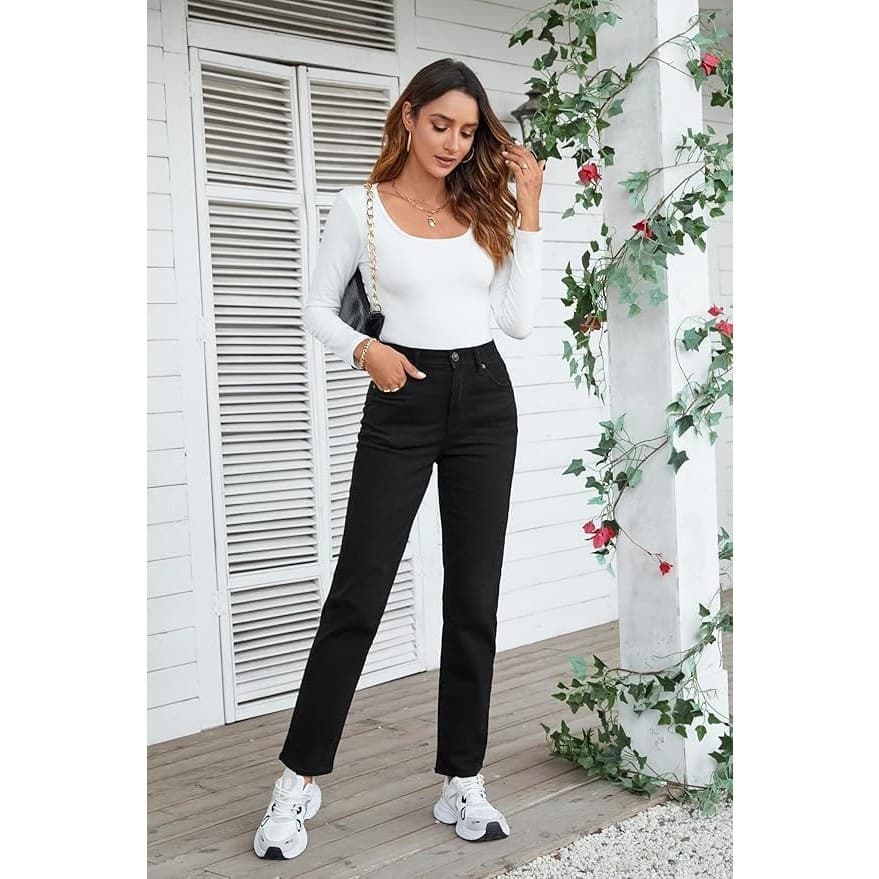 Womens High Waisted Straight Leg Mom Jeans Black Size 12 Stretch Denim - Thumbnail 3