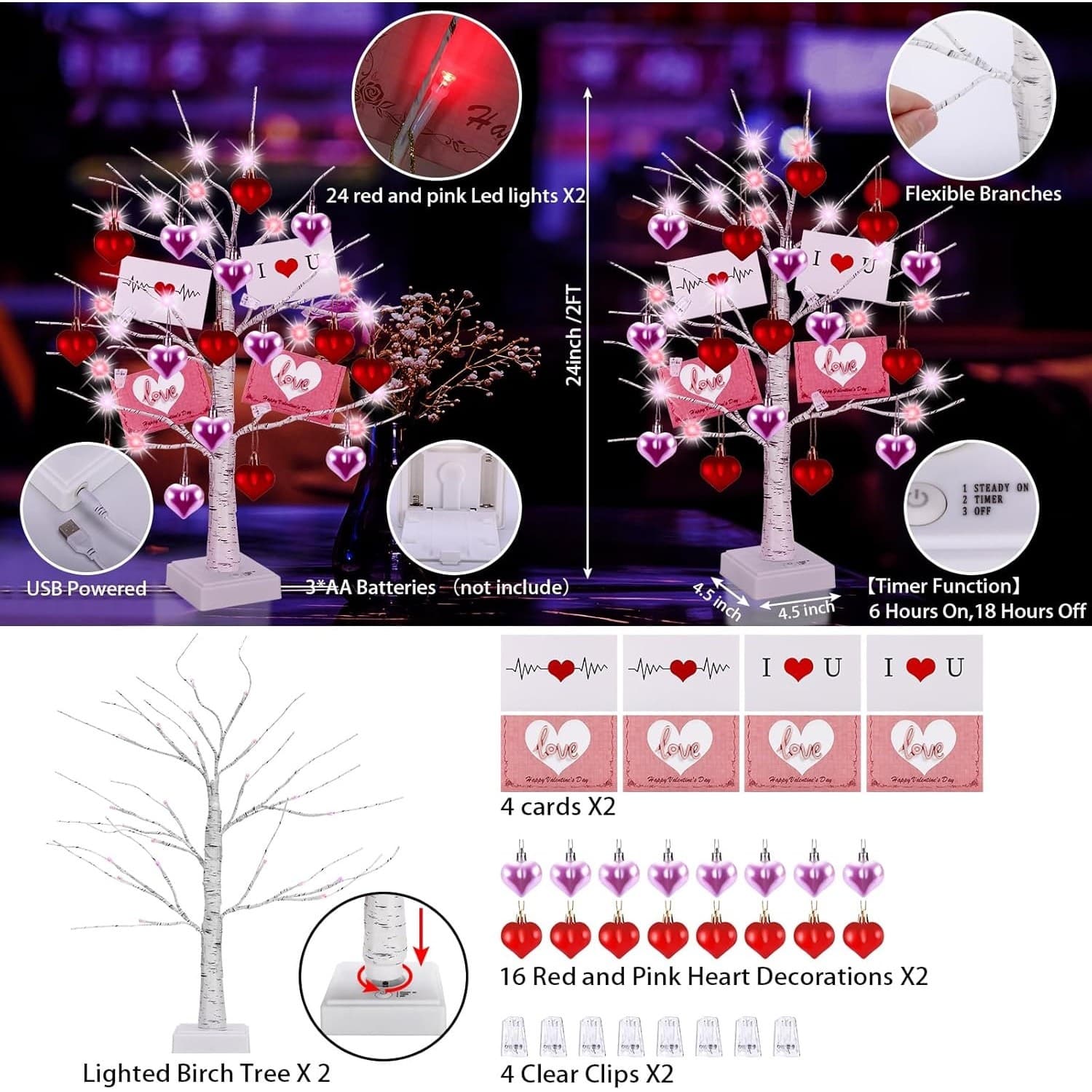 2 LED Lighted Birch Trees with Hearts & Cards,Valentine, Mother’s Day Decor Gift - Thumbnail 5