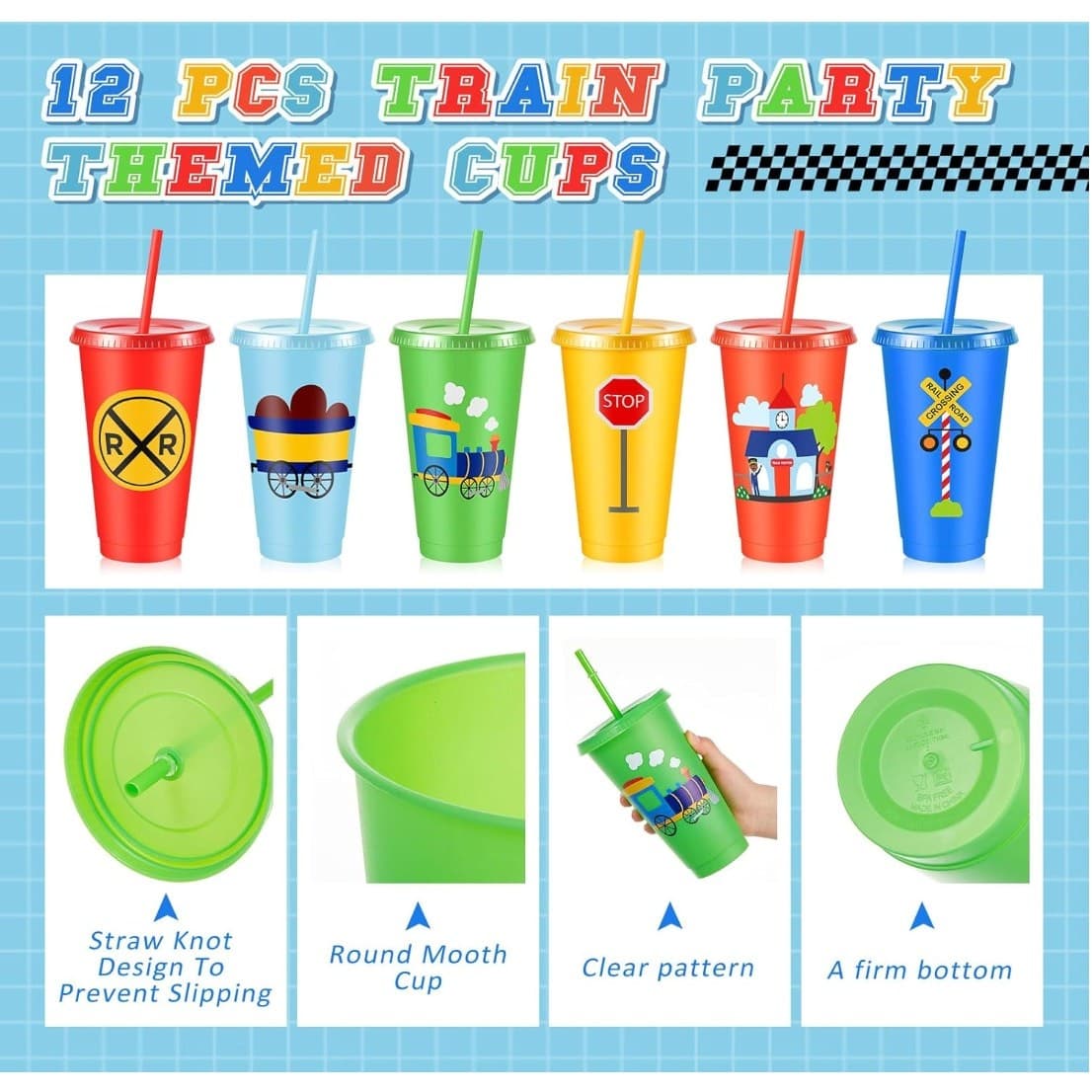 12 Train Party Cups 24oz Kids Tumbler Set w Lid Straw Reusable Plastic - Thumbnail 2