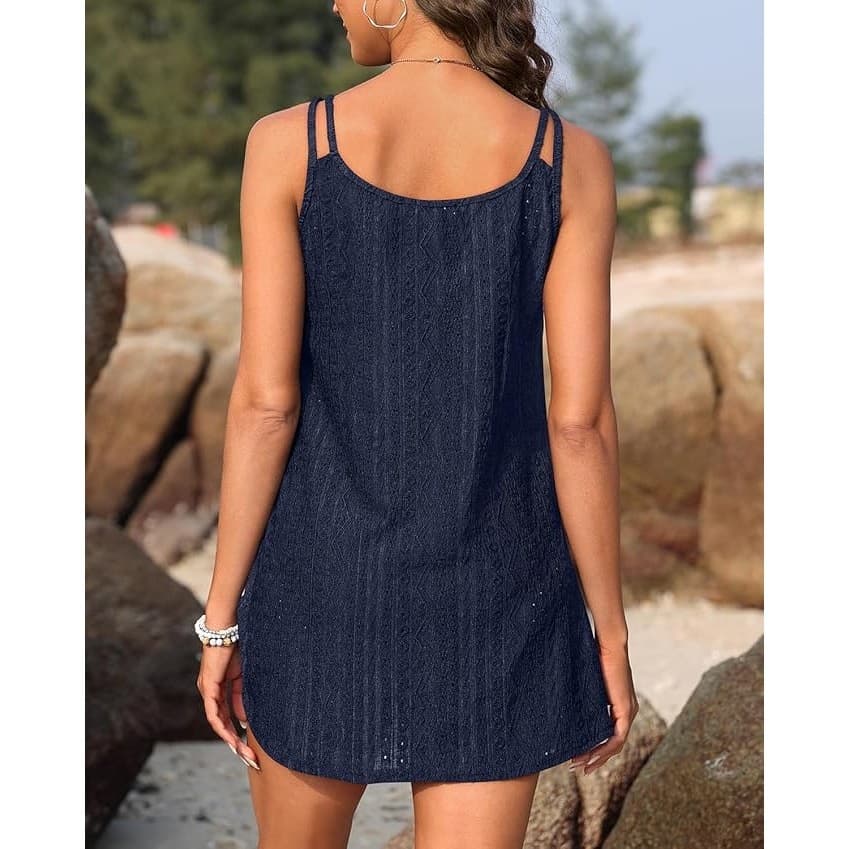 Womens Swimsuit Cover Up Dress Crochet Twist Beach Mini Navy XL - Thumbnail 6