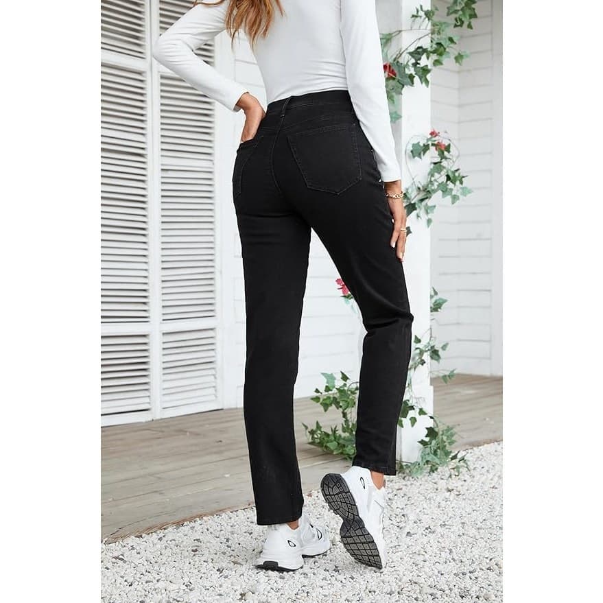 Womens High Waisted Straight Leg Mom Jeans Black Size 12 Stretch Denim - Thumbnail 2