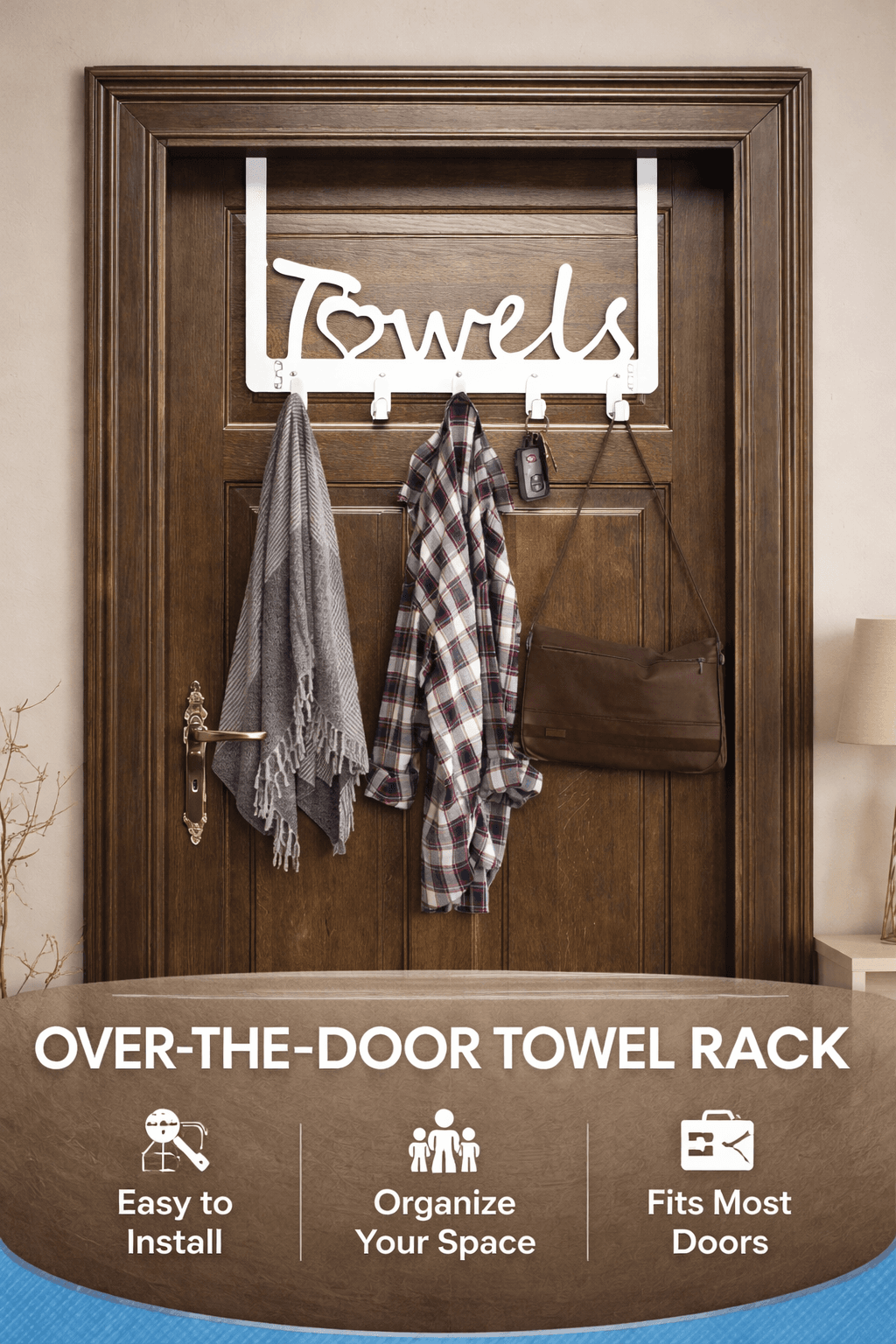 Over Door Towel Rack Metal 5 Hooks White Bathroom Organizer Hanger - Thumbnail 4