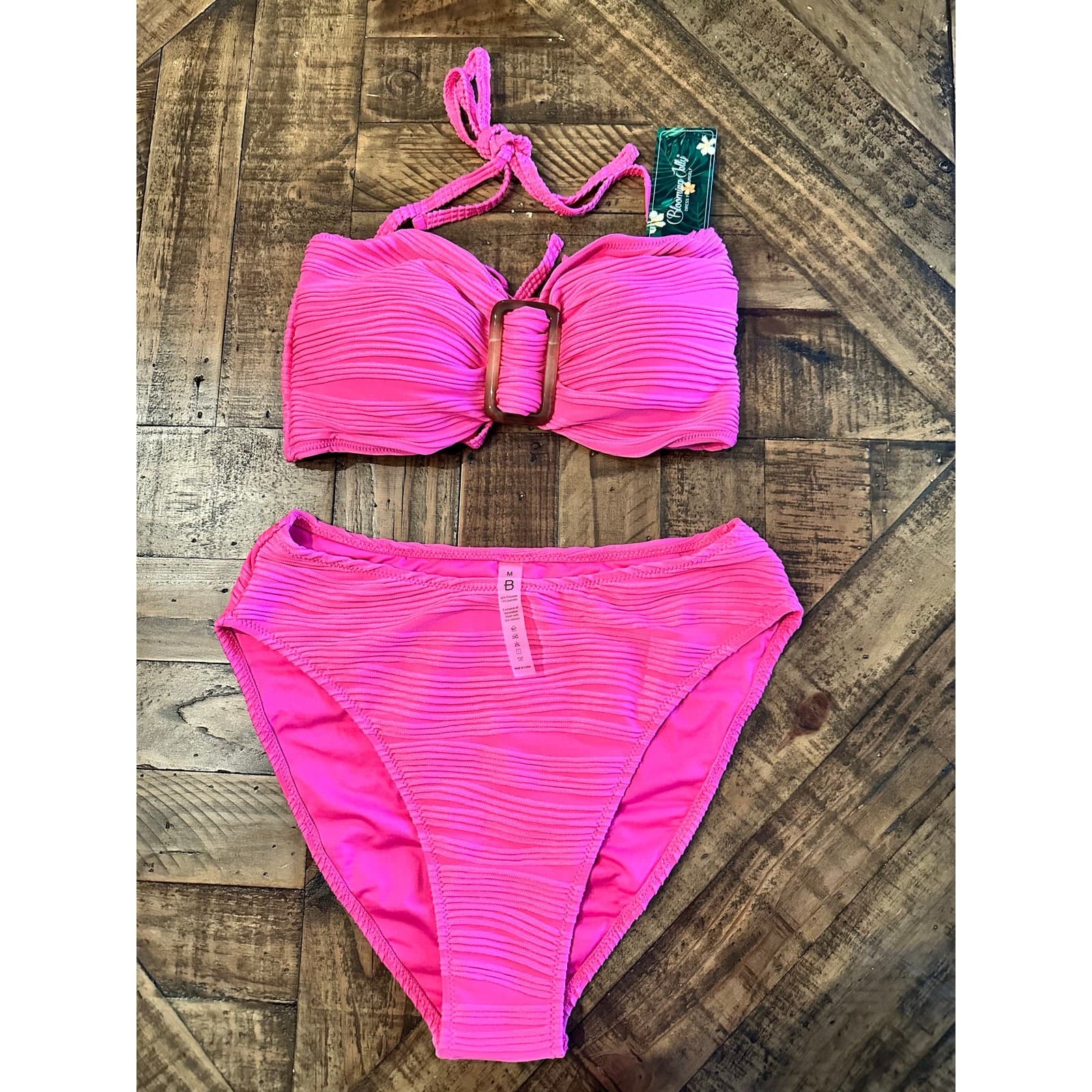 Hot Pink Bandeau Bikini Set Textured Strapless Cheeky High Cut Swimsuit M - Thumbnail 8