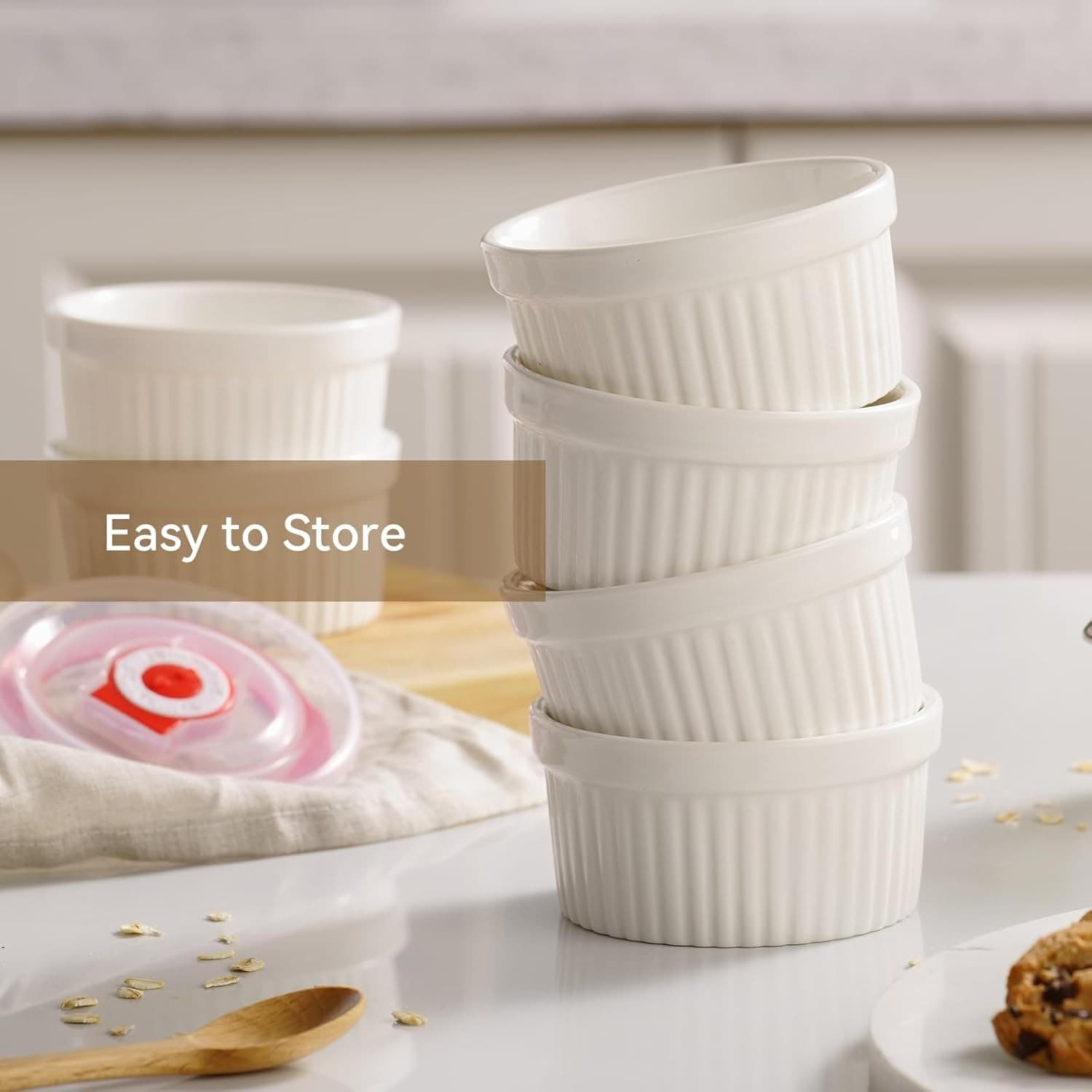8oz Ceramic Ramekins with Lids Set of 6 Oven Safe White Creme Brulee Cups - Thumbnail 3