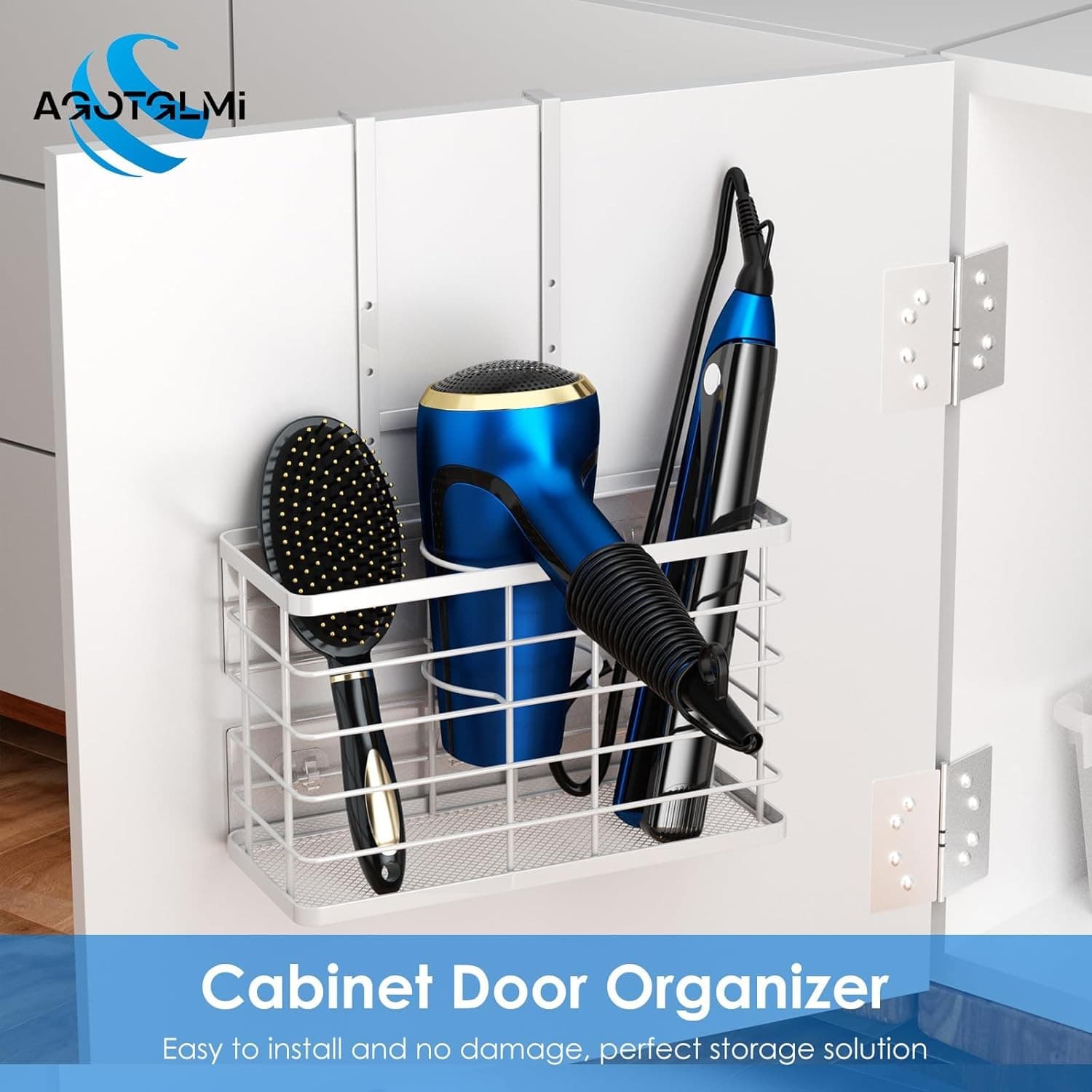 Hair Tool Organizer Wall Mount Dryer Holder Cabinet Door 3 in 1 No Drill White - Thumbnail 6