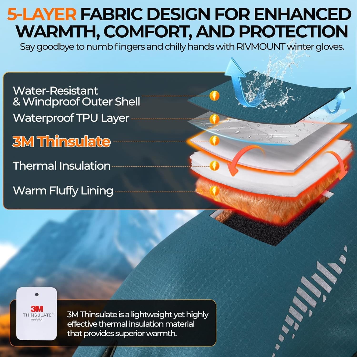 RIVMOUNT Winter Gloves 3M Thinsulate Waterproof Touchscreen Ski Cold Weather S - Thumbnail 6