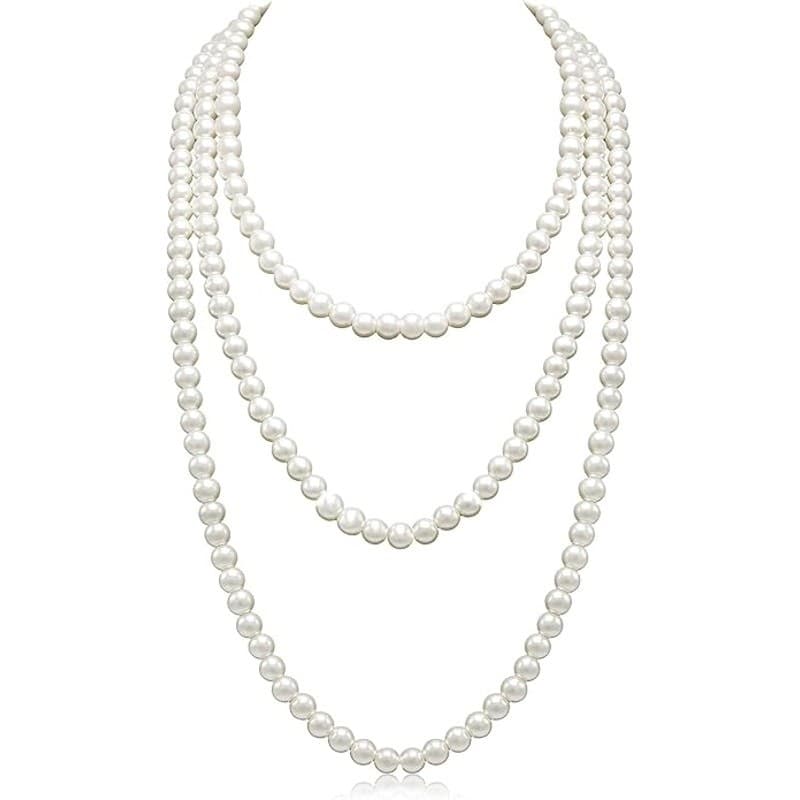 Long Faux Pearl Necklace 69" Layered White 8mm Beaded Strand Women Jewelry - Thumbnail 6