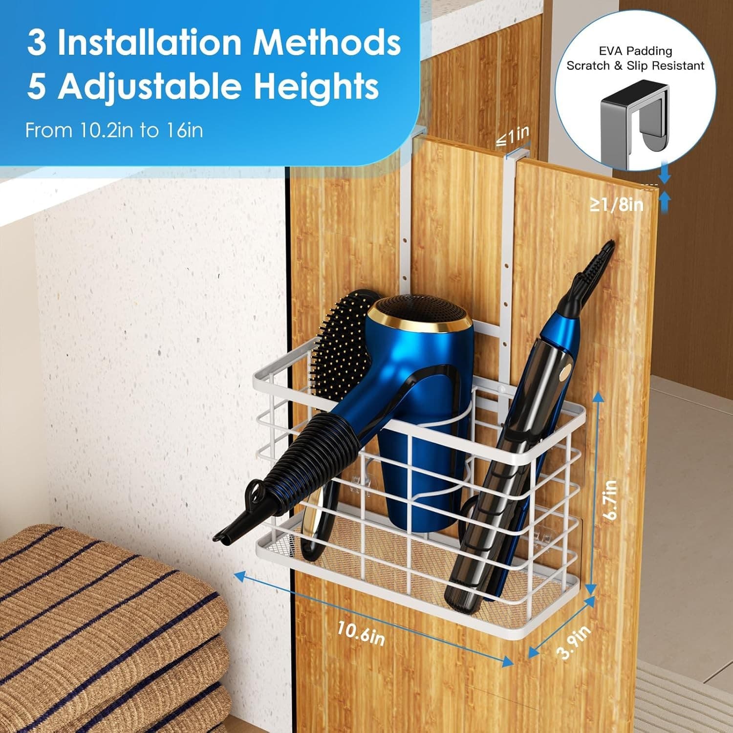 Hair Tool Organizer Wall Mount Dryer Holder Cabinet Door 3 in 1 No Drill White - Thumbnail 7