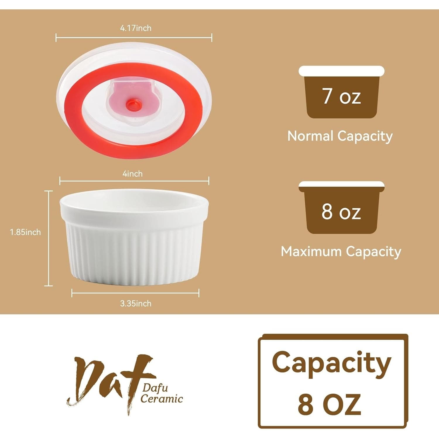 8oz Ceramic Ramekins with Lids Set of 6 Oven Safe White Creme Brulee Cups - Thumbnail 4