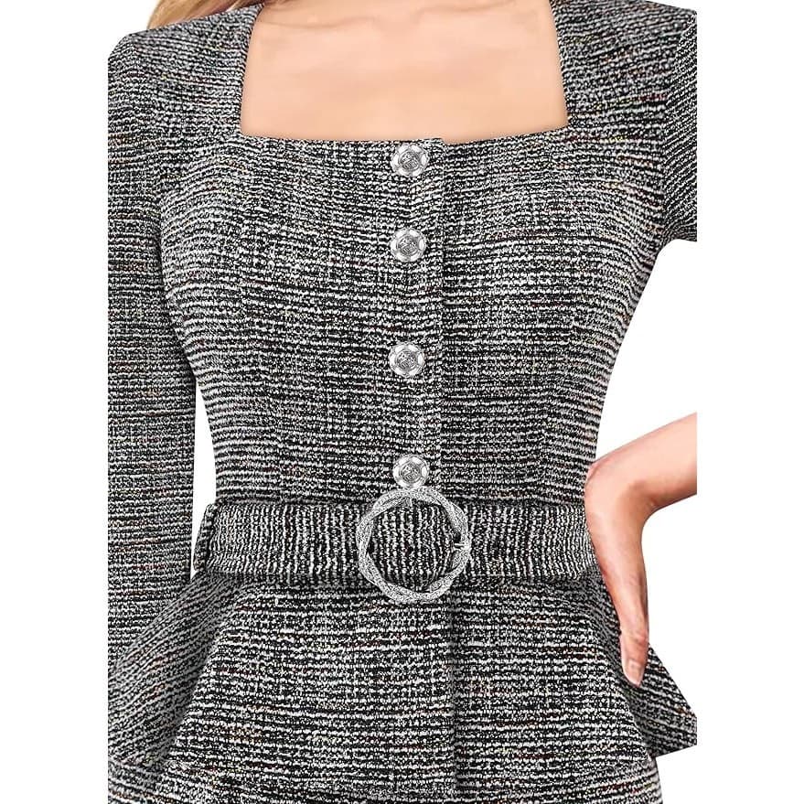 Womens Square Neck Peplum Pencil Dress Belted Business Office Work Size L - Thumbnail 2