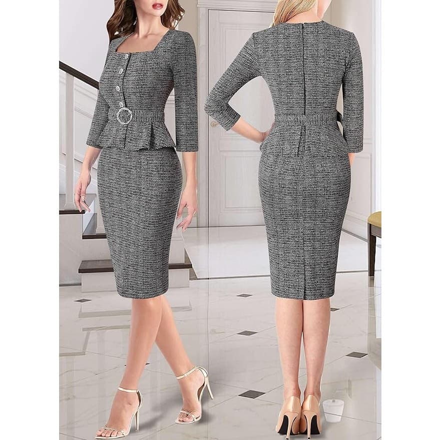 Womens Square Neck Peplum Pencil Dress Belted Business Office Work Size L - Thumbnail 3