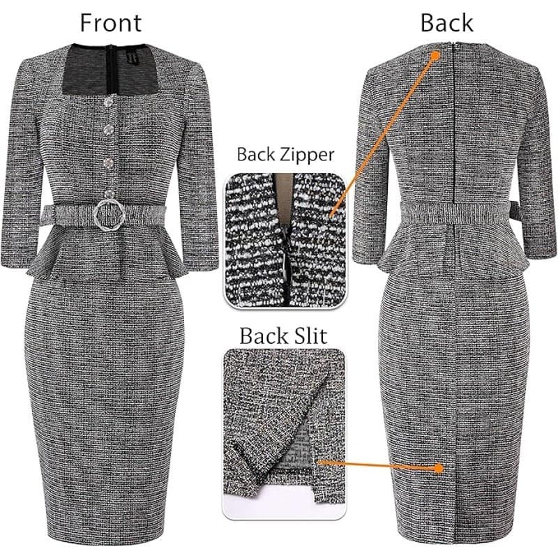 Womens Square Neck Peplum Pencil Dress Belted Business Office Work Size L - Thumbnail 5