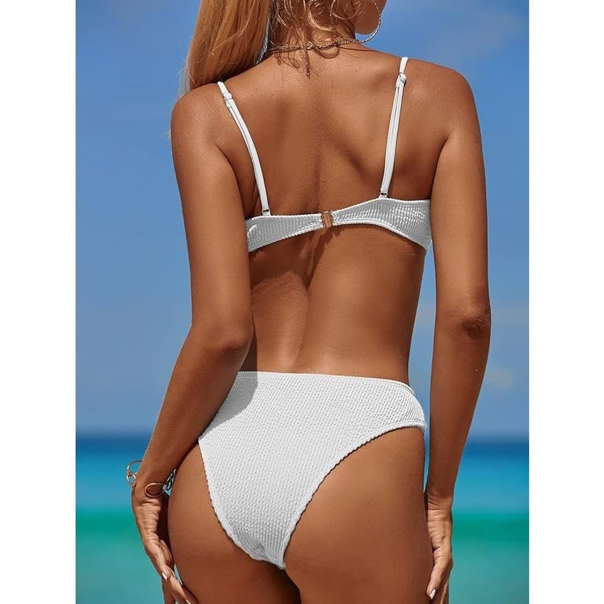 Women Ribbed Bikini Set O Ring Two Piece Swimsuit Beach White Size L - Thumbnail 4