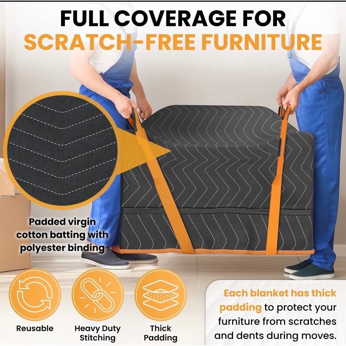 Heavy Duty Moving Blankets 3 Pack 72x42 Furniture Pads w/ Shoulder Straps - Thumbnail 2