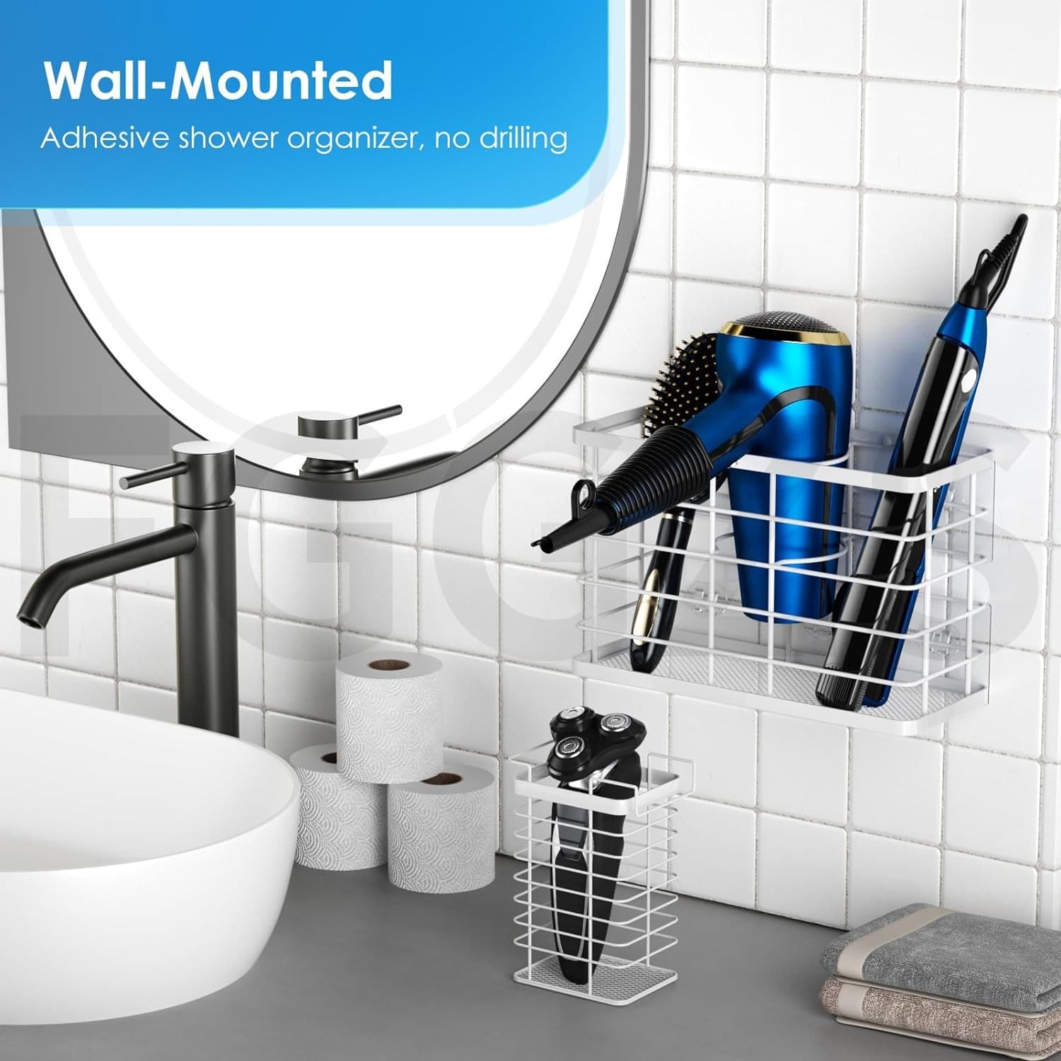 Hair Tool Organizer Wall Mount Dryer Holder Cabinet Door 3 in 1 No Drill White - Thumbnail 5