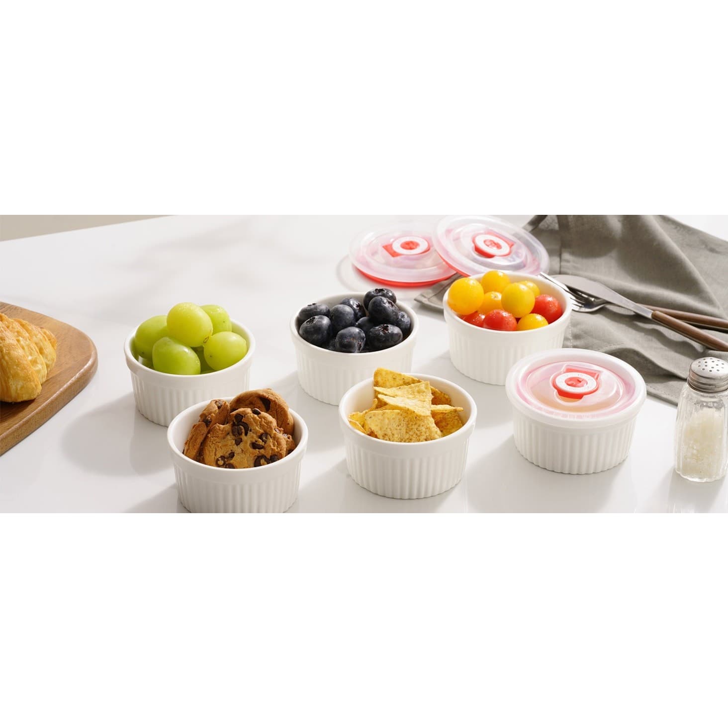 8oz Ceramic Ramekins with Lids Set of 6 Oven Safe White Creme Brulee Cups - Thumbnail 10