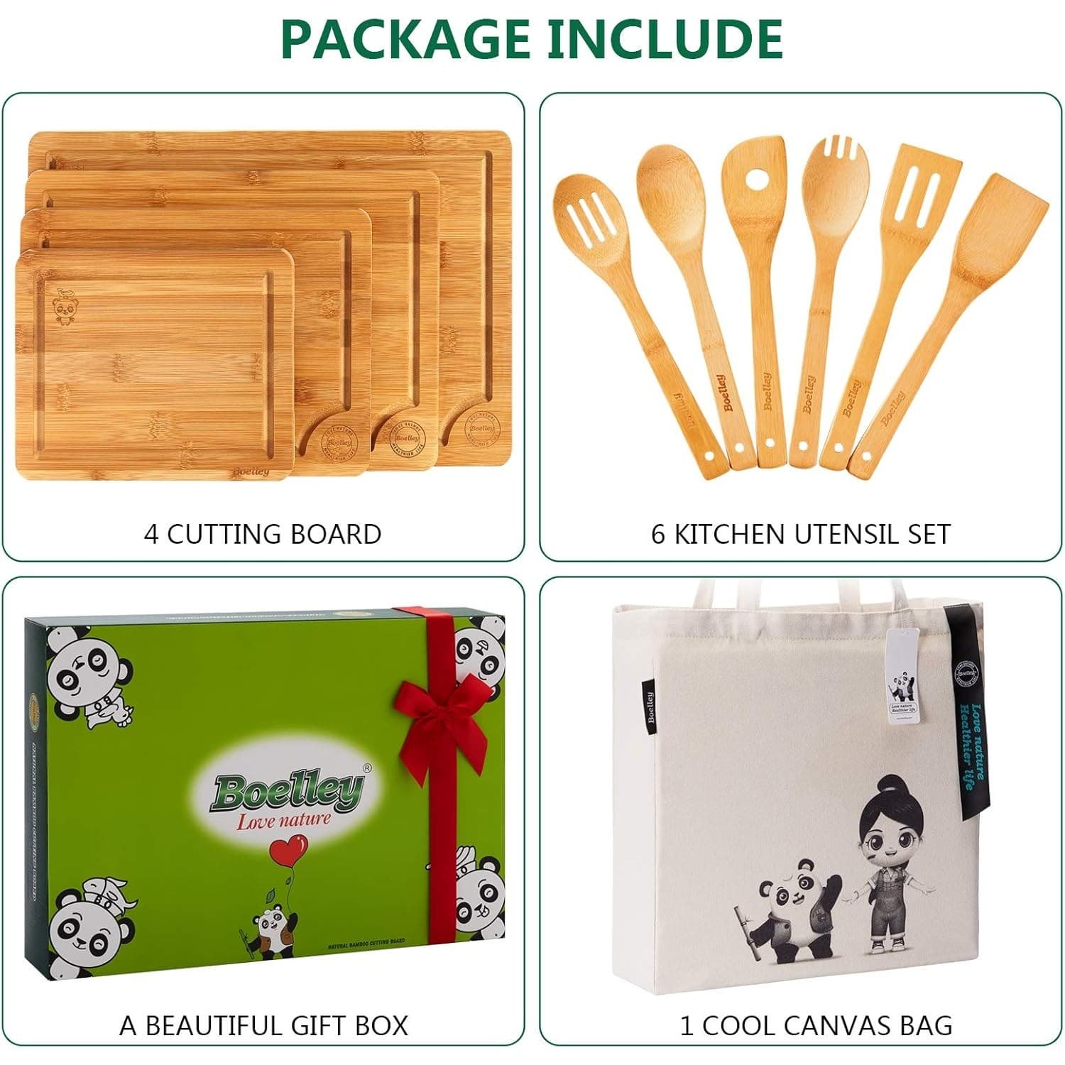 Bamboo Cutting Board Set 11-Piece w/ Juice Groove Utensils & Canvas Bag - Thumbnail 3