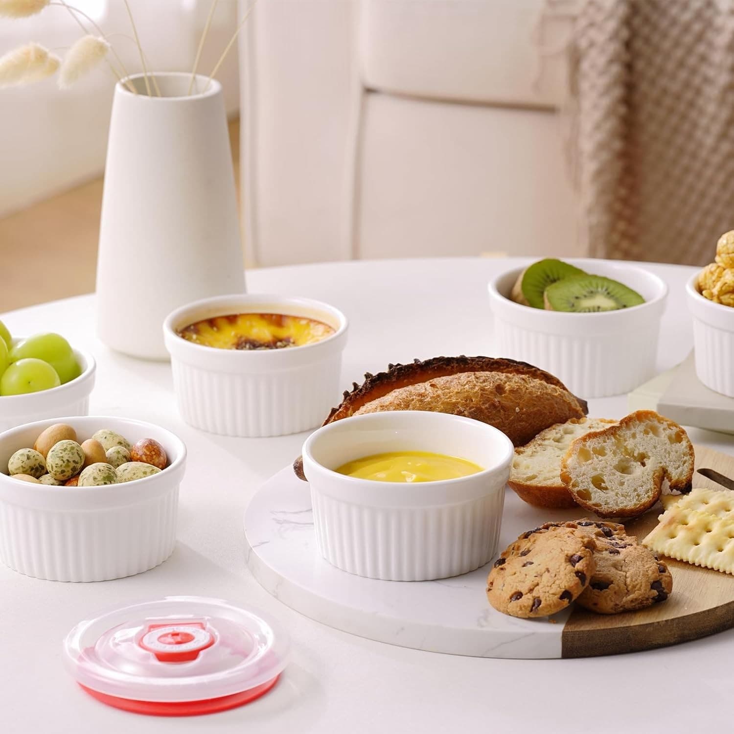 8oz Ceramic Ramekins with Lids Set of 6 Oven Safe White Creme Brulee Cups - Thumbnail 5