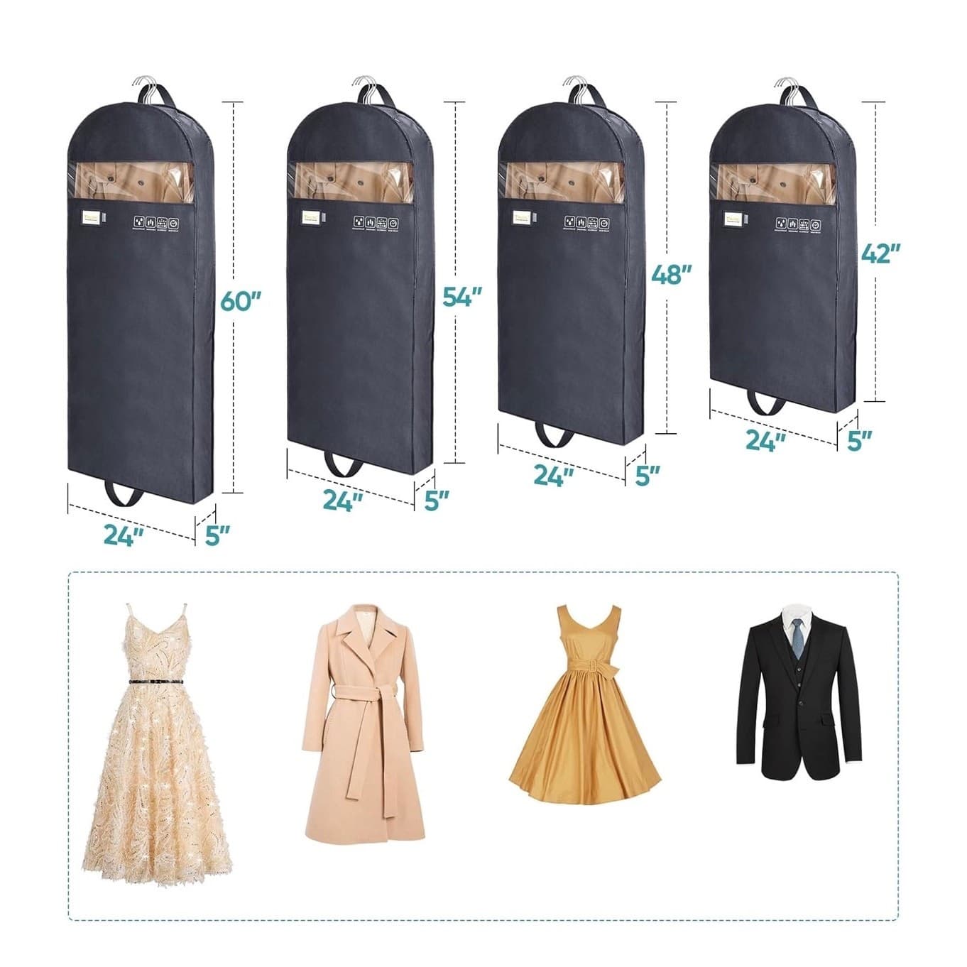 BALEINE 60” Garment Bag 2-Pack Travel Suit Dress Cover Clear Window 5” Gusset - Thumbnail 3