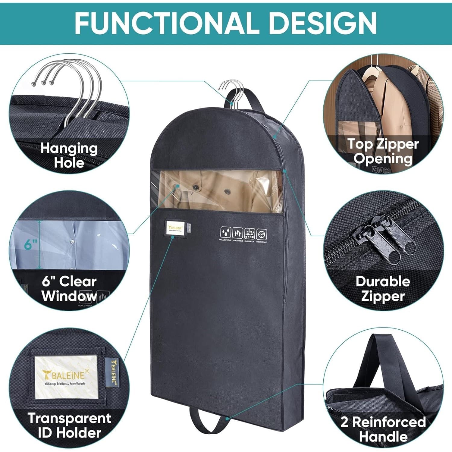 BALEINE 60” Garment Bag 2-Pack Travel Suit Dress Cover Clear Window 5” Gusset - Thumbnail 9