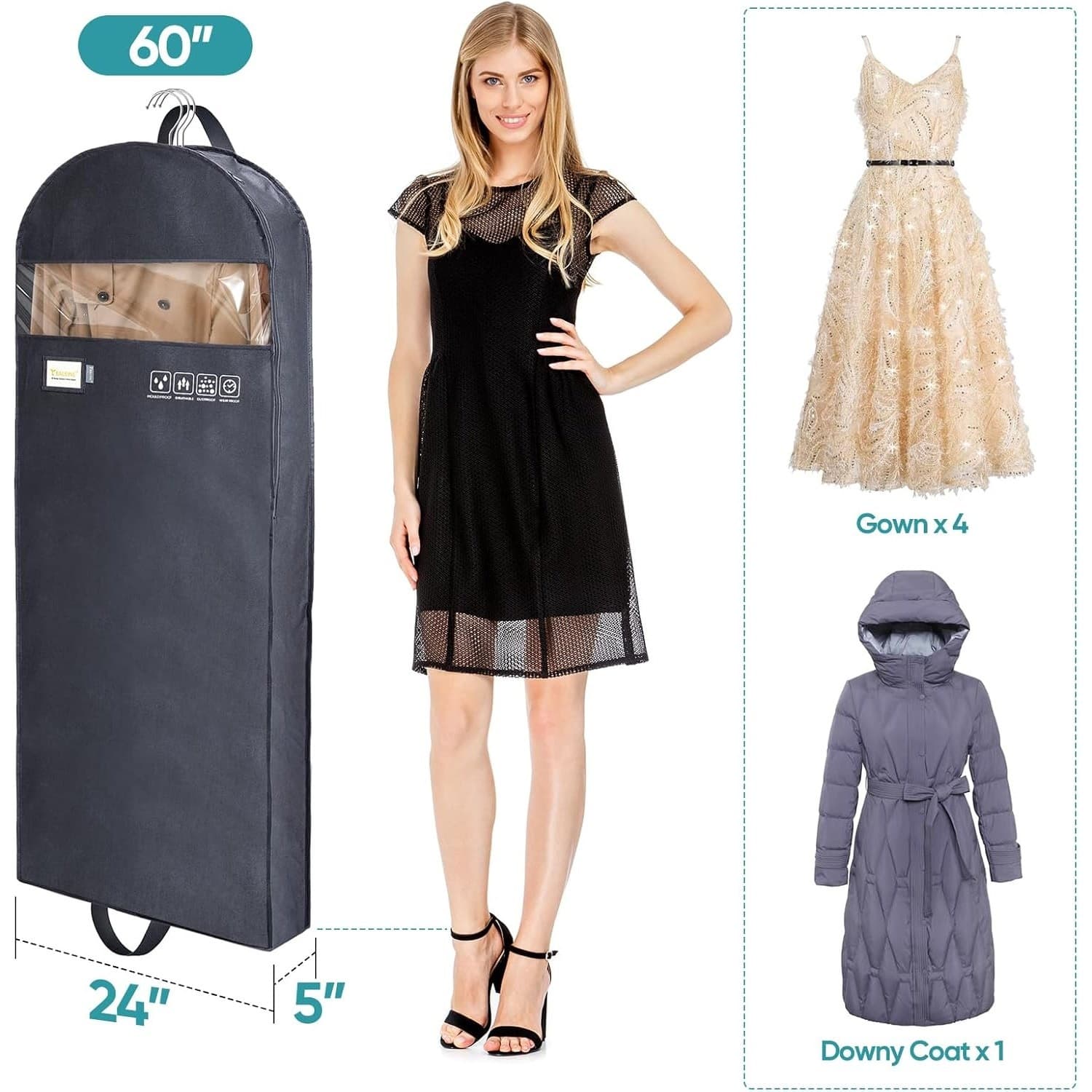 BALEINE 60” Garment Bag 2-Pack Travel Suit Dress Cover Clear Window 5” Gusset - Thumbnail 6