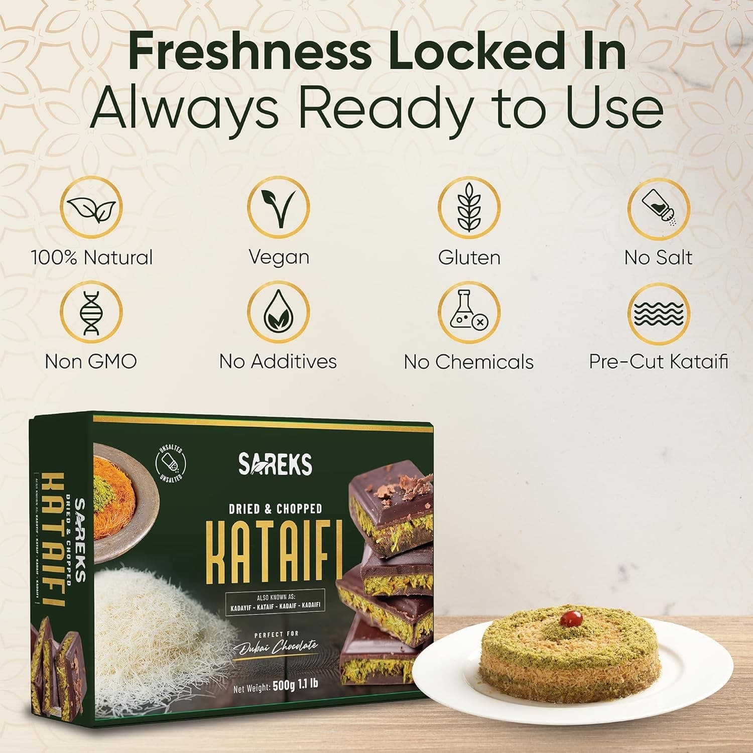 SAREKS Kataifi 500g Dried & Chopped Phyllo Dough | Unsalted Plant-Based Kadayif - Thumbnail 5