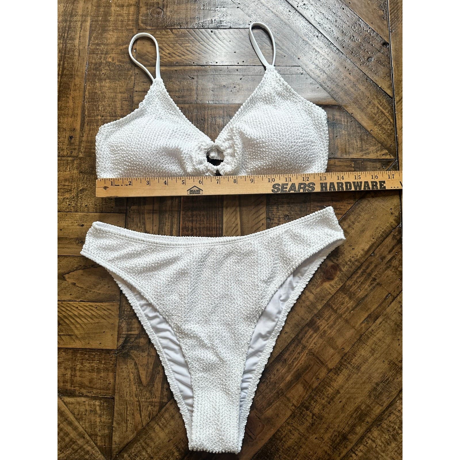 Women Ribbed Bikini Set O Ring Two Piece Swimsuit Beach White Size L - Thumbnail 13