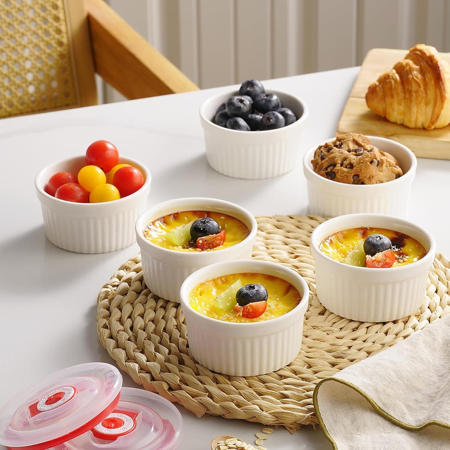 8oz Ceramic Ramekins with Lids Set of 6 Oven Safe White Creme Brulee Cups - Thumbnail 8