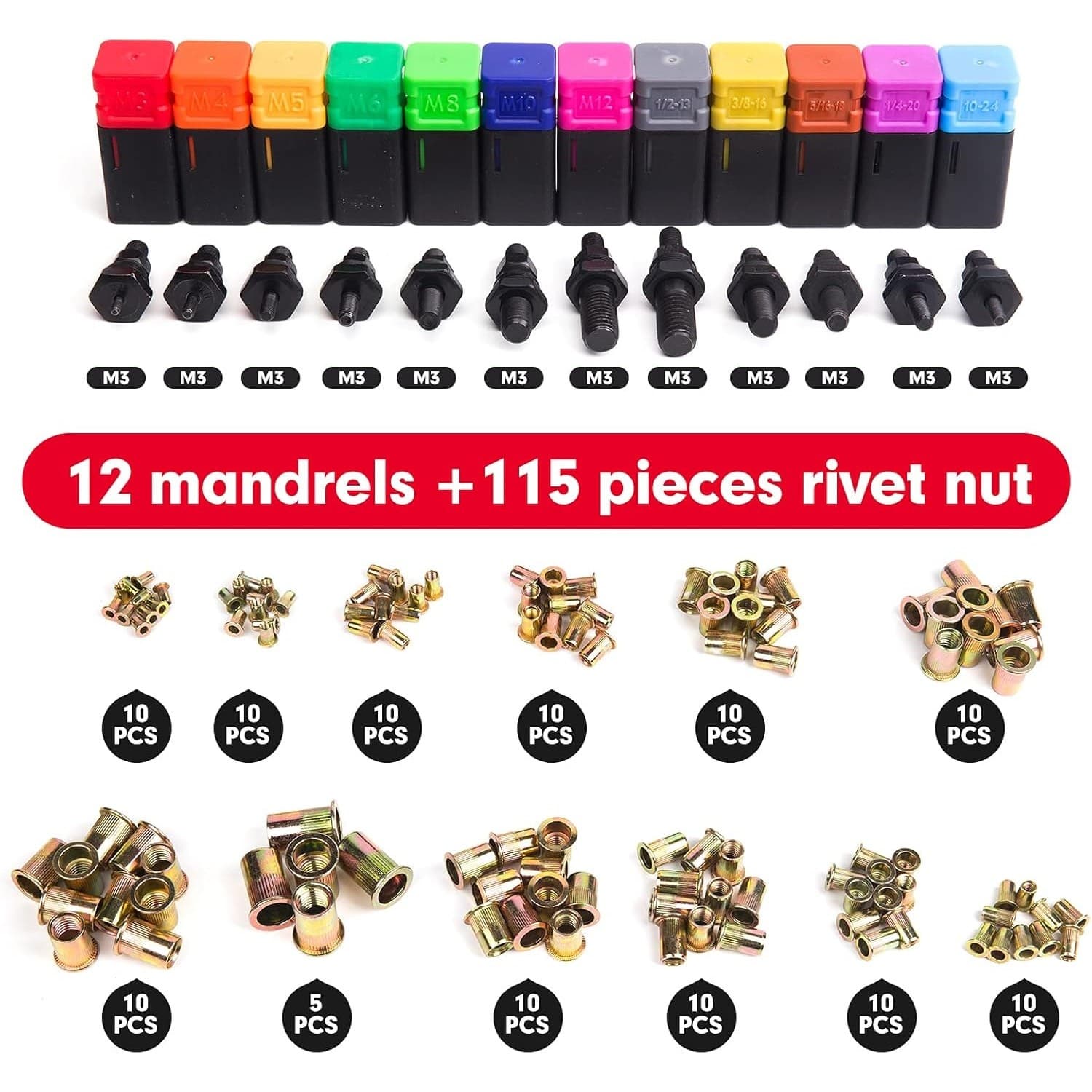 RZX 16" Rivet Nut Tool Kit Rivnut Gun M3–M12 SAE 115pcs Heavy Duty - Thumbnail 2