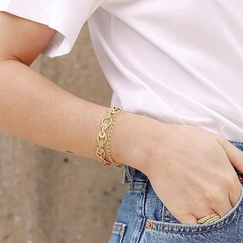 18K Gold Plated Chunky Oval Link Toggle Bracelet for Women 7.87" Cuban Style - Thumbnail 6
