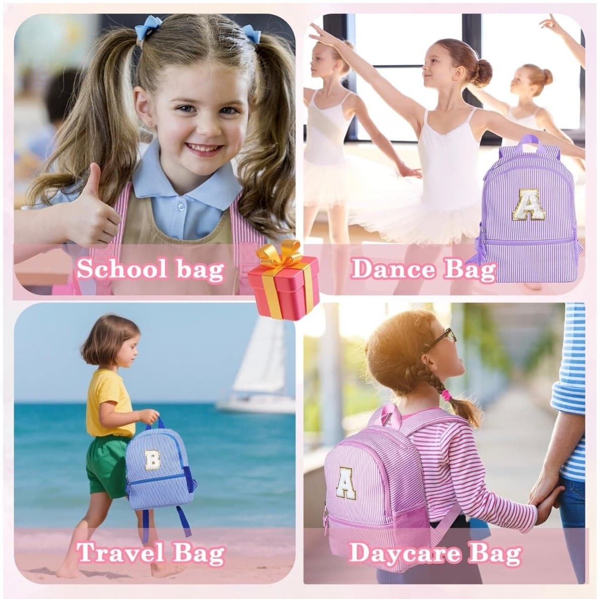 Pink Seersucker Kids Backpack with Initial Letter | Toddler Preschool Girl Bag - Thumbnail 9
