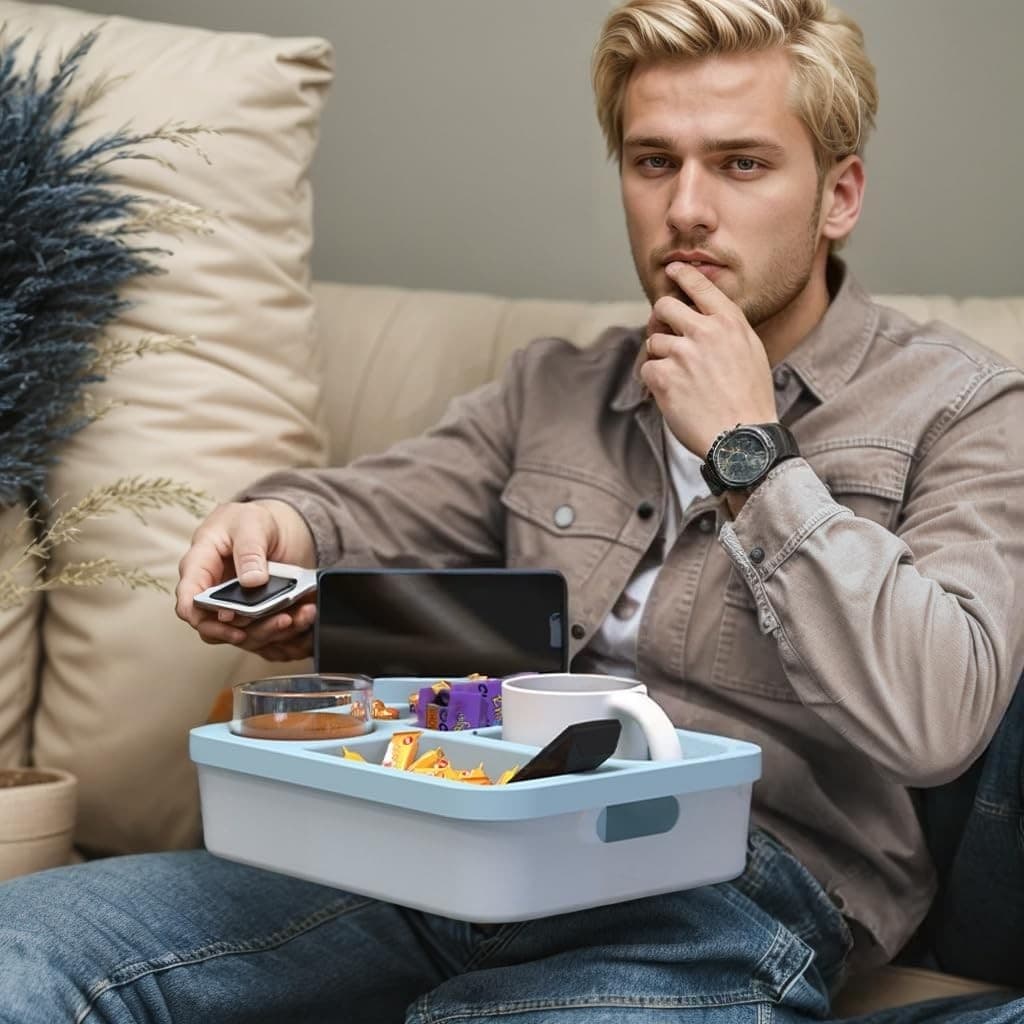 Silicone Sofa Snack Tray w Cup & Phone Holder Multi-Compartment Couch Table - Thumbnail 2