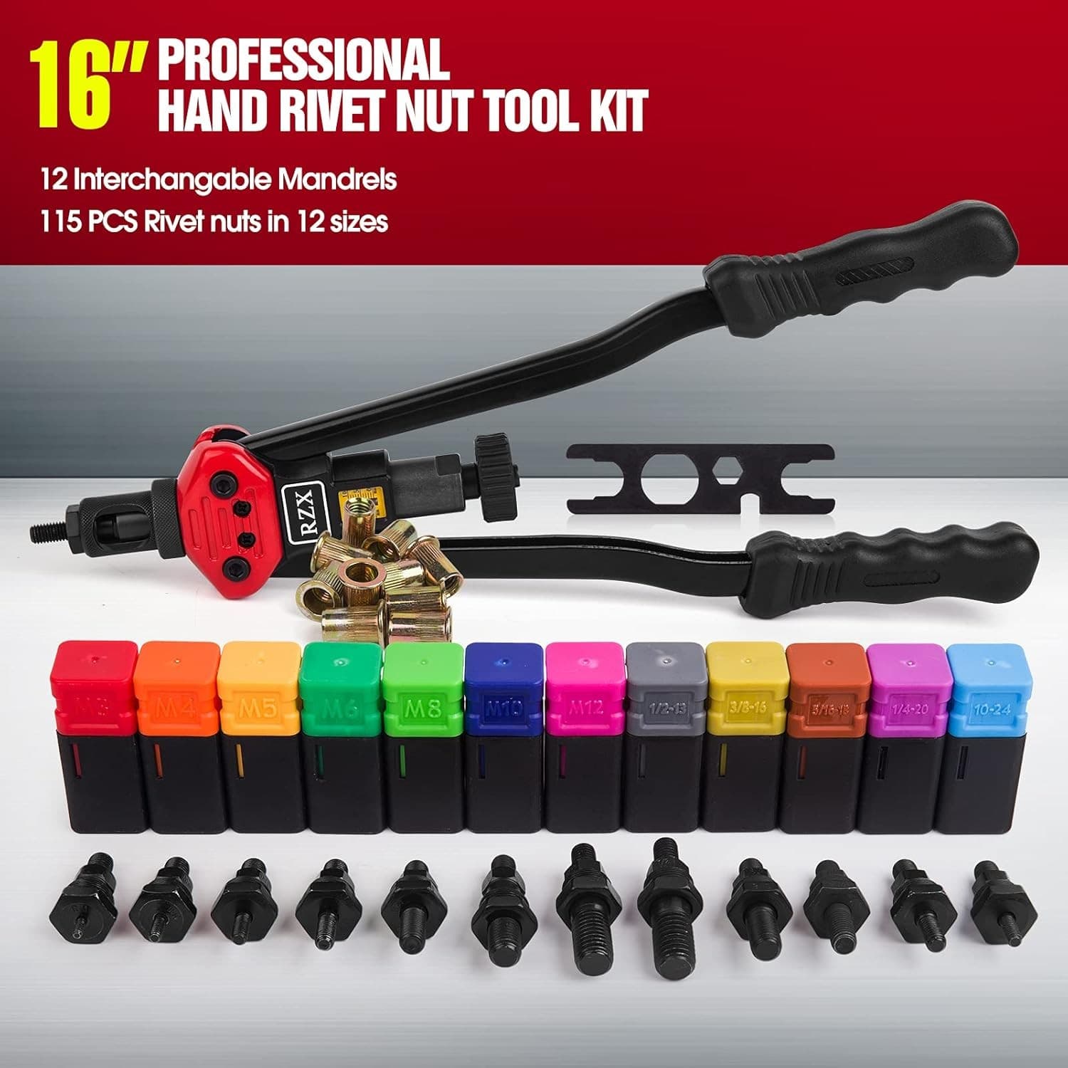 RZX 16" Rivet Nut Tool Kit Rivnut Gun M3–M12 SAE 115pcs Heavy Duty - Thumbnail 3