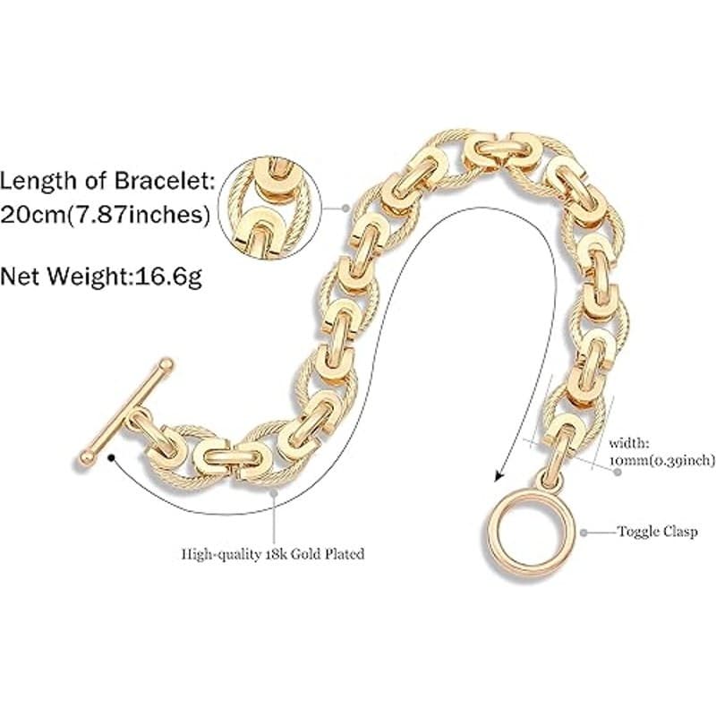 18K Gold Plated Chunky Oval Link Toggle Bracelet for Women 7.87" Cuban Style - Thumbnail 3