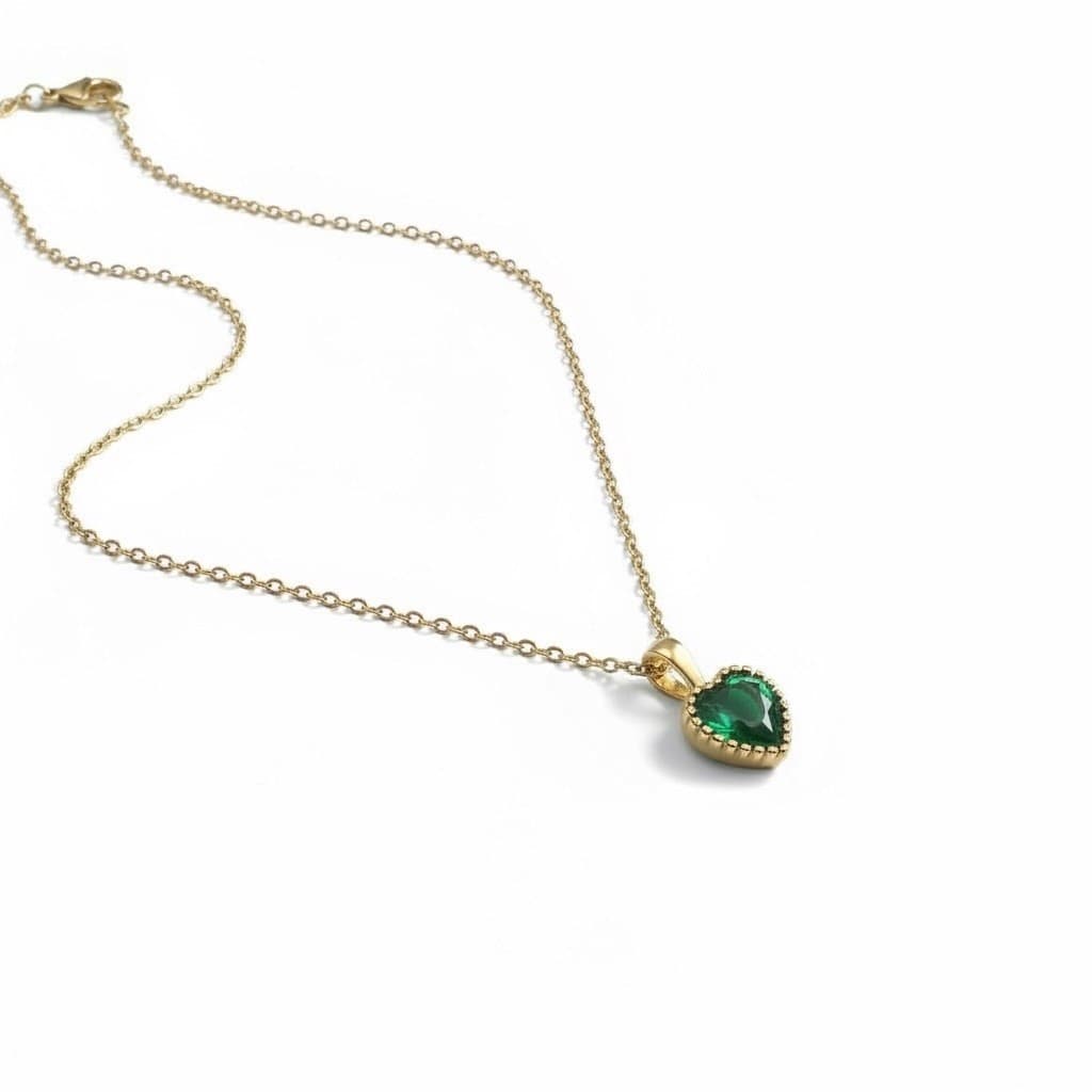 Emerald Green Heart Pendant Necklace Gold Tone CZ Dainty Women Gift Adjustable - Thumbnail 7