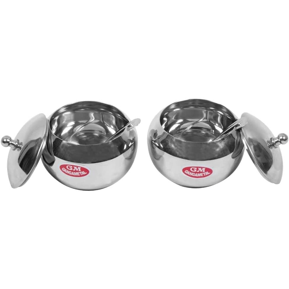 2 Pack Stainless Steel Ghee Pot with Lid & Spoon Oil Sugar Container Silver - Thumbnail 3
