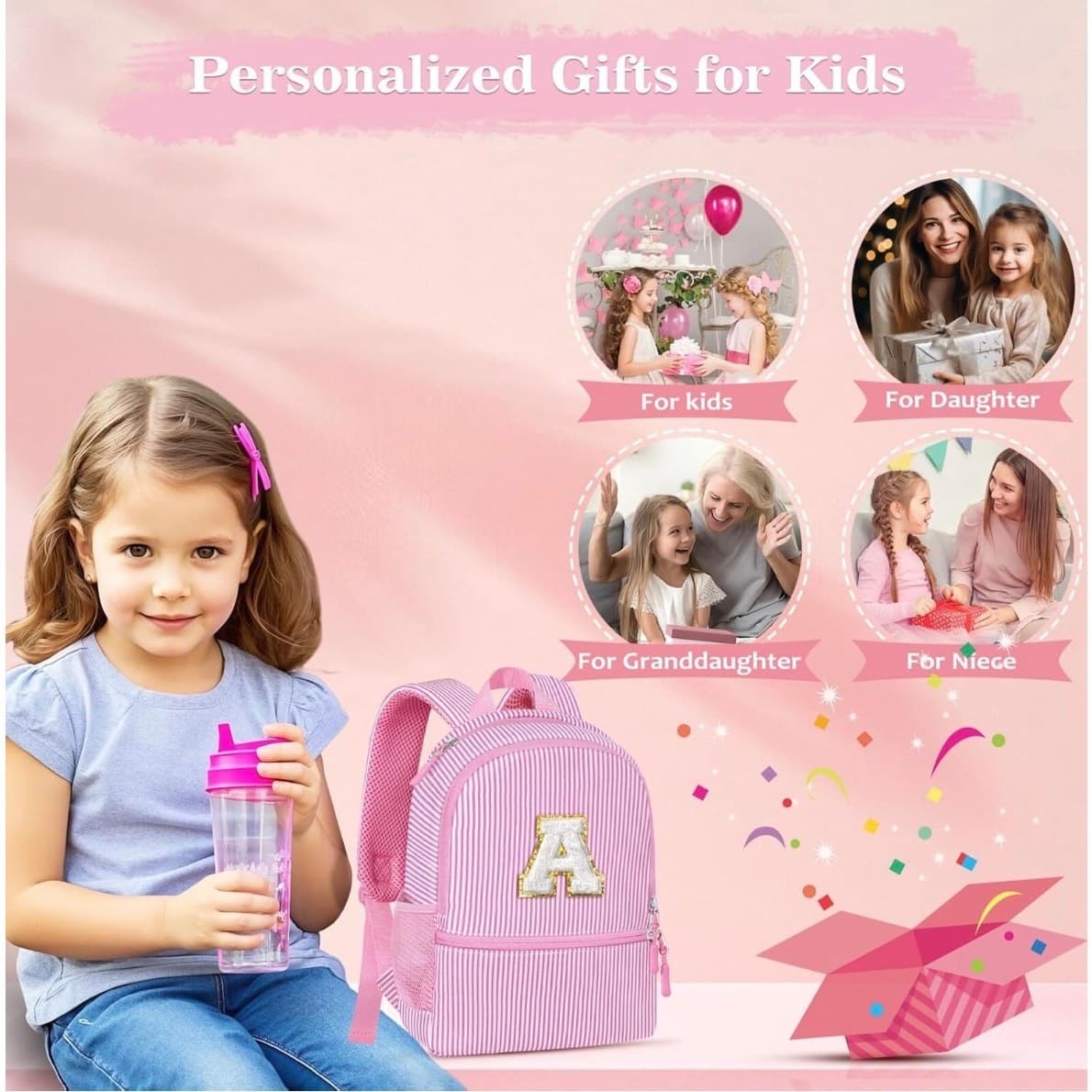 Pink Seersucker Kids Backpack with Initial Letter | Toddler Preschool Girl Bag - Thumbnail 6