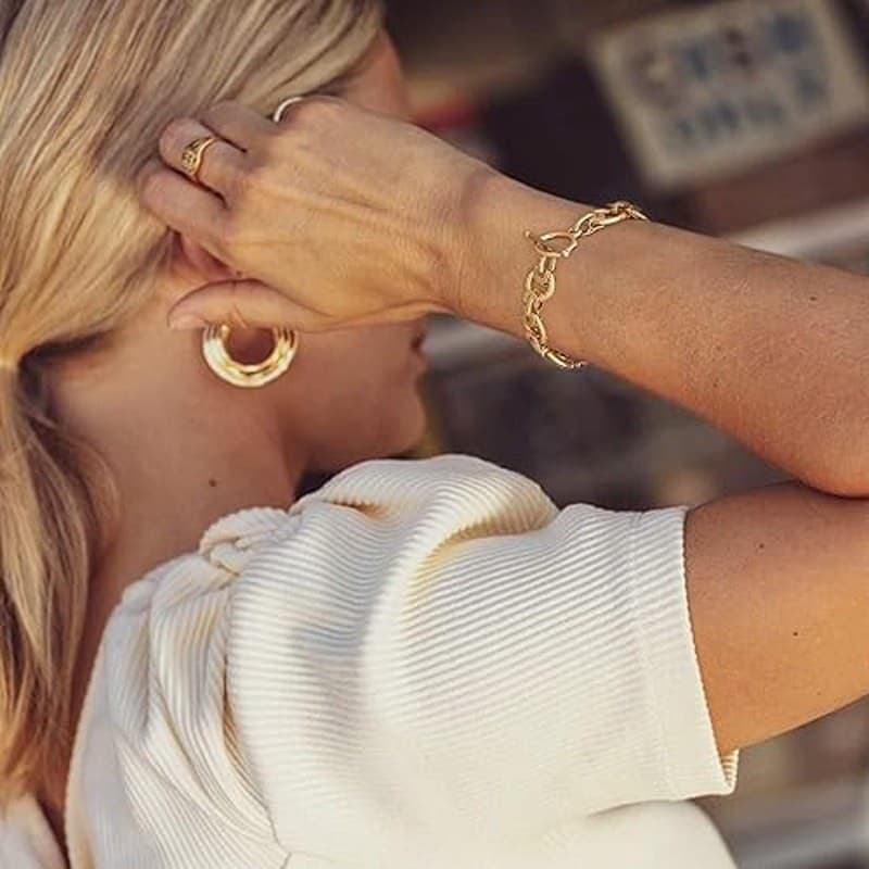 18K Gold Plated Chunky Oval Link Toggle Bracelet for Women 7.87" Cuban Style - Thumbnail 4