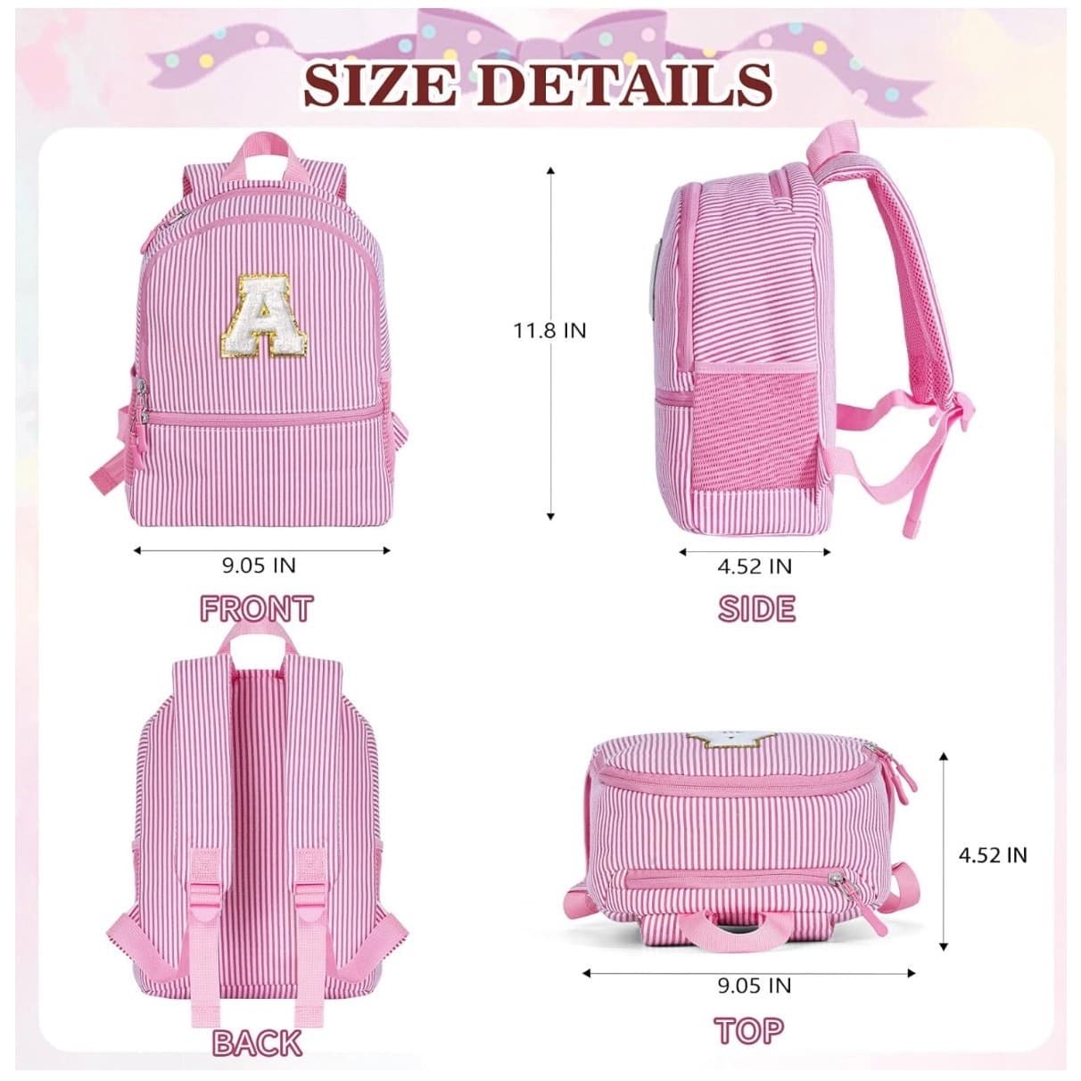 Pink Seersucker Kids Backpack with Initial Letter | Toddler Preschool Girl Bag - Thumbnail 2