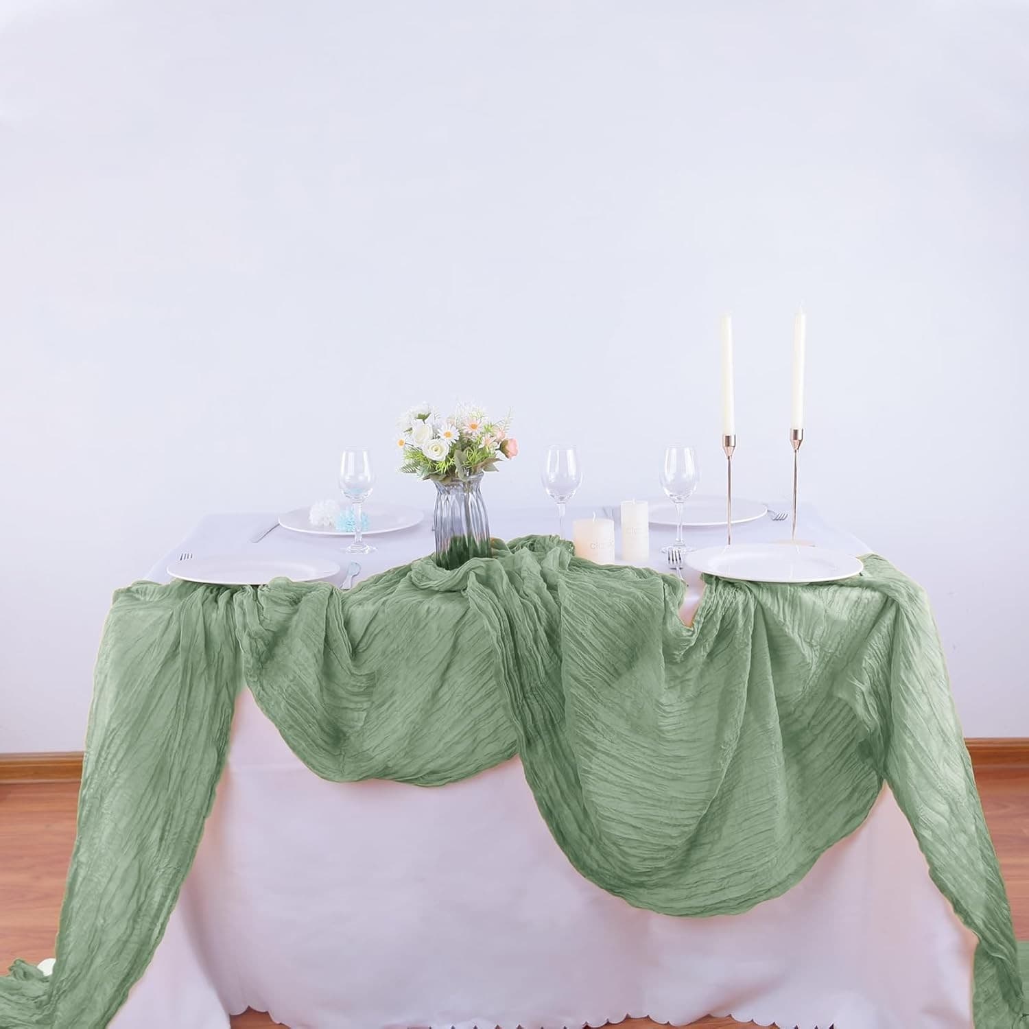 4 Pack Sage Green Cheesecloth Table Runner 120" Boho Gauze Rustic Wedding Decor - Thumbnail 2