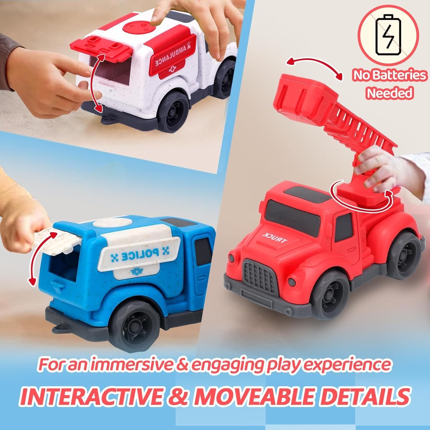 3 Pack Toddler Rescue Trucks Set Police Fire Ambulance Pvc- BPA- Phthalates Free - Thumbnail 3