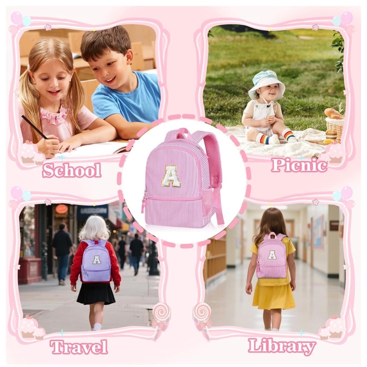 Pink Seersucker Kids Backpack with Initial Letter | Toddler Preschool Girl Bag - Thumbnail 8